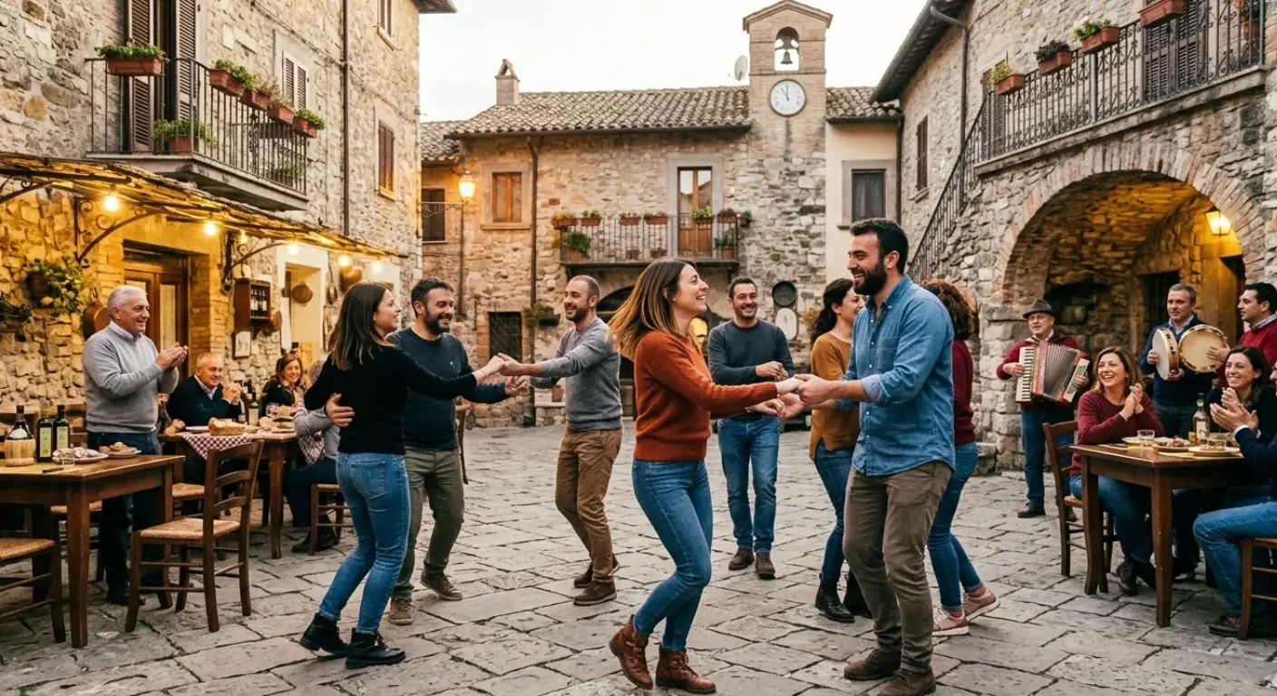 Festa popolare e ballo in piazza in un borgo della Sabina