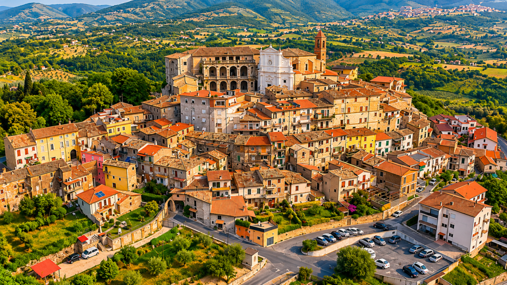 Veduta panoramica di Cantalupo in Sabina, borgo della Sabina Tiberina, con Palazzo Cesi-Camuccini, case storiche, colline verdi e oliveti.