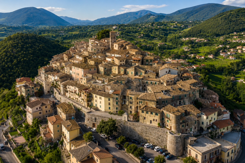 Veduta panoramica di Casperia, borgo medievale della Sabina Centrale, con centro storico arroccato, mura in pietra, campanile, oliveti e Monti Sabini.