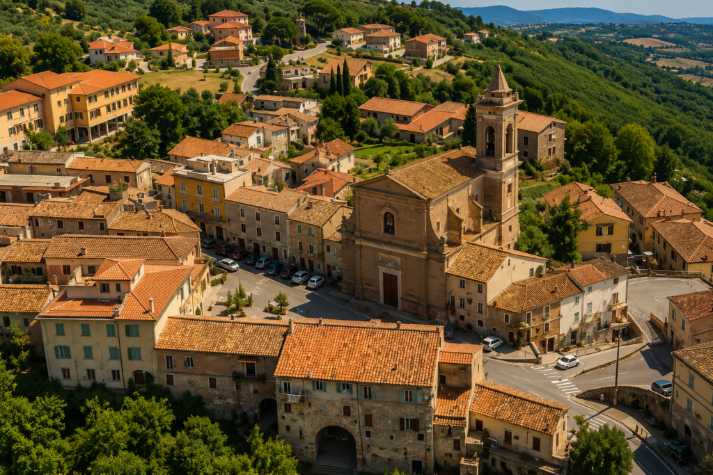 Veduta panoramica di Forano, borgo della Sabina Tiberina, con centro storico, chiesa, tetti in cotto, colline verdi e paesaggio della Valle del Tevere.