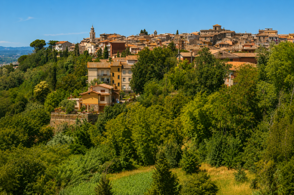 Veduta panoramica di Magliano Sabina, borgo della Sabina Tiberina, con centro storico, campanili, case storiche, colline verdi e Valle del Tevere.