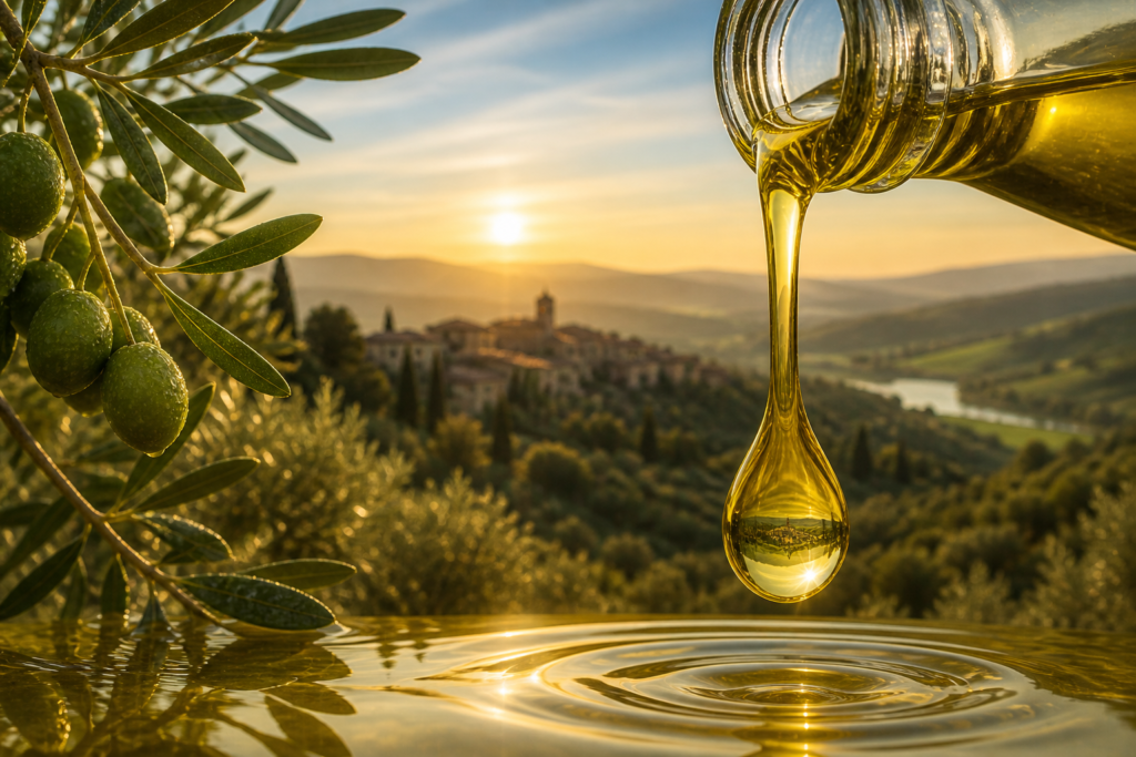 Goccia di olio extravergine con riflesso dei Borghi della Sabina