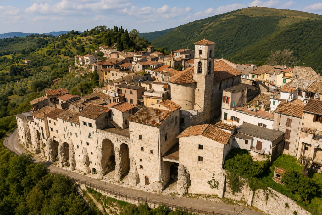 Veduta panoramica di Poggio San Lorenzo, borgo dell’Alta Sabina, con case storiche, campanile, mura antiche e colline verdi.