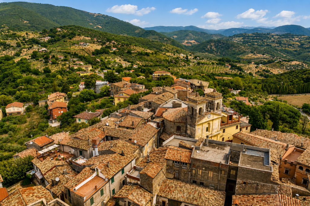 Veduta panoramica di Salisano, borgo della Valle del Farfa, con centro storico arroccato, chiesa, case in pietra, oliveti e colline della Sabina.