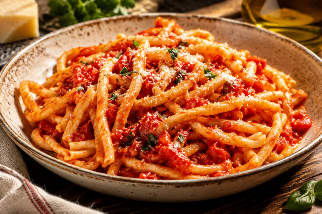 Stringozzi alla Reatina pasta tradizionale con pomodoro e pecorino