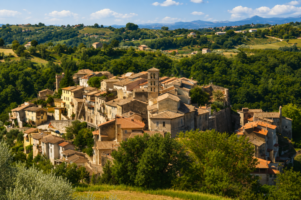 Veduta panoramica di Tarano, borgo della Sabina Tiberina, con centro storico in pietra, campanile, tetti storici, oliveti e colline verdi.