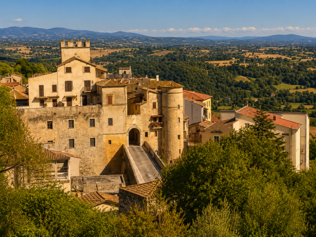 Veduta panoramica di Torrita Tiberina, borgo della Sabina Tiberina, con Castello Savelli, centro storico, colline verdi e Valle del Tevere.