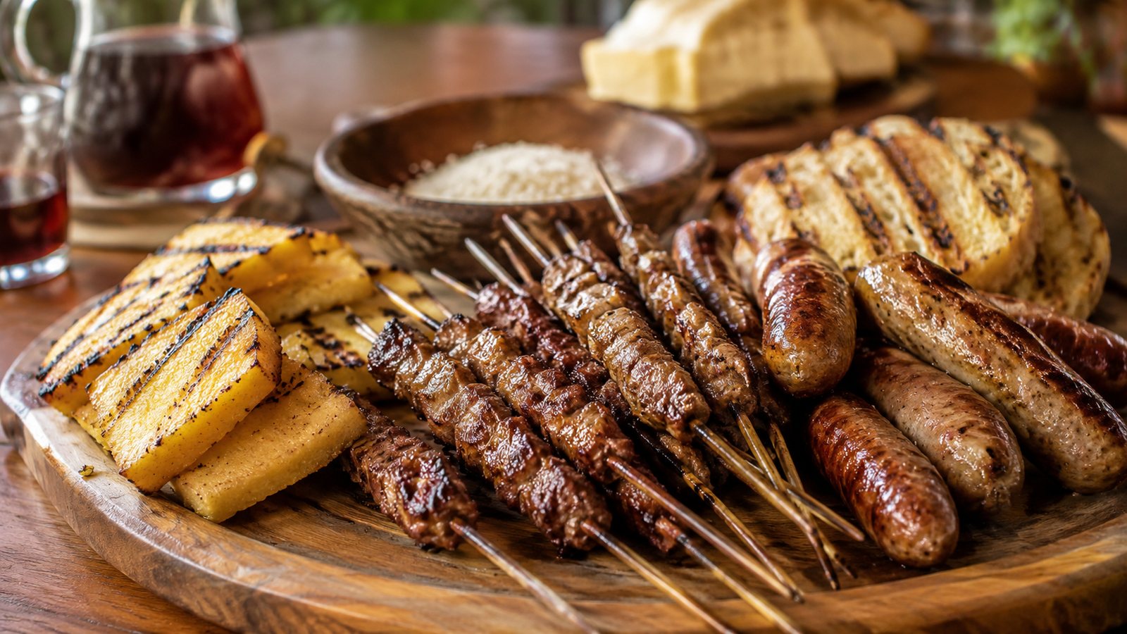 Arrosticini di pecora, salsicce locali e polenta