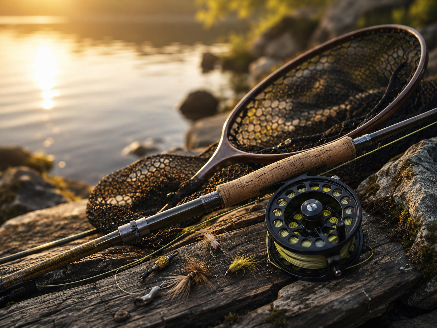 Attrezzatura da pesca con canna, mulinello e guadino