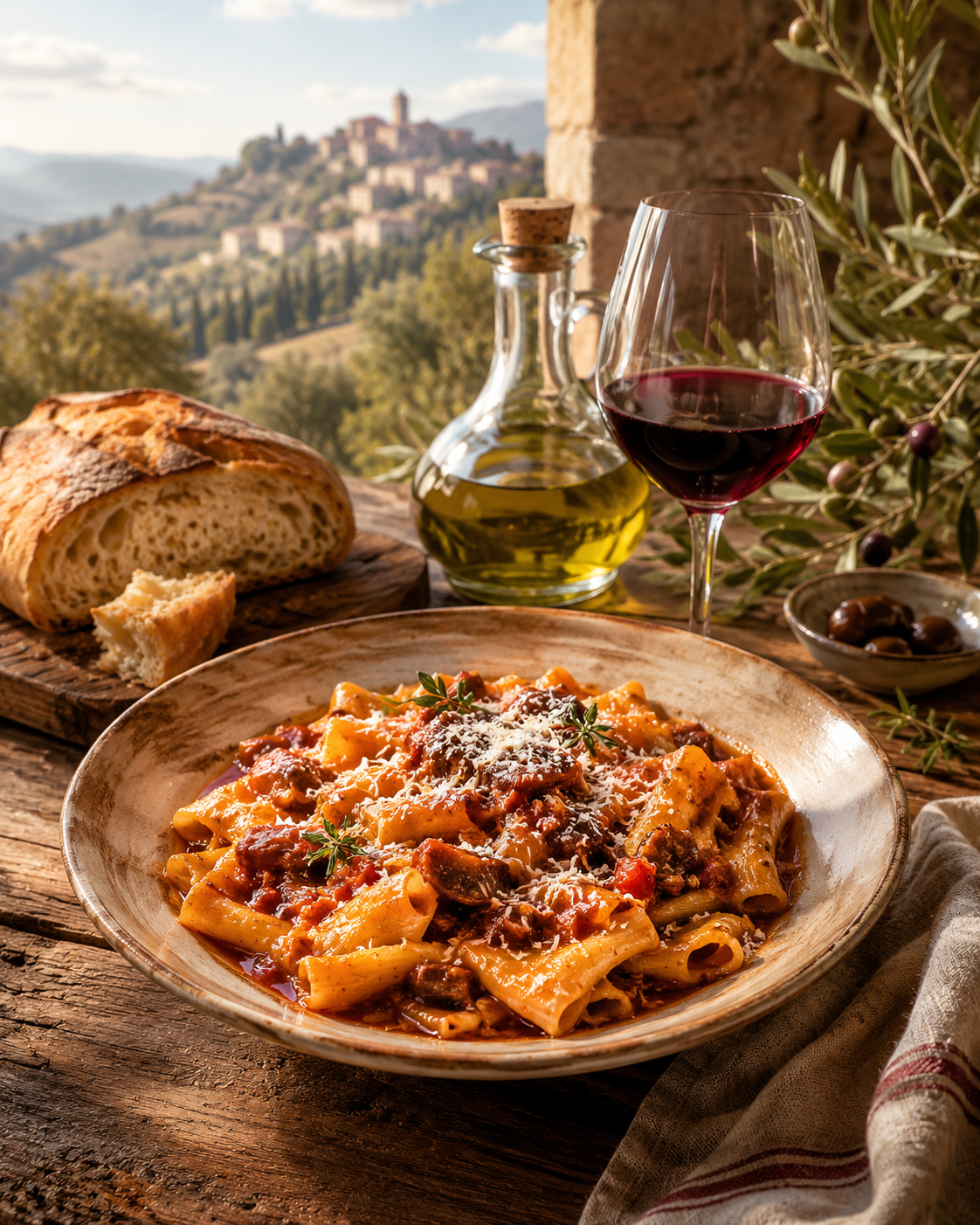 Piatto tipico della Sabina con vino e prodotti locali