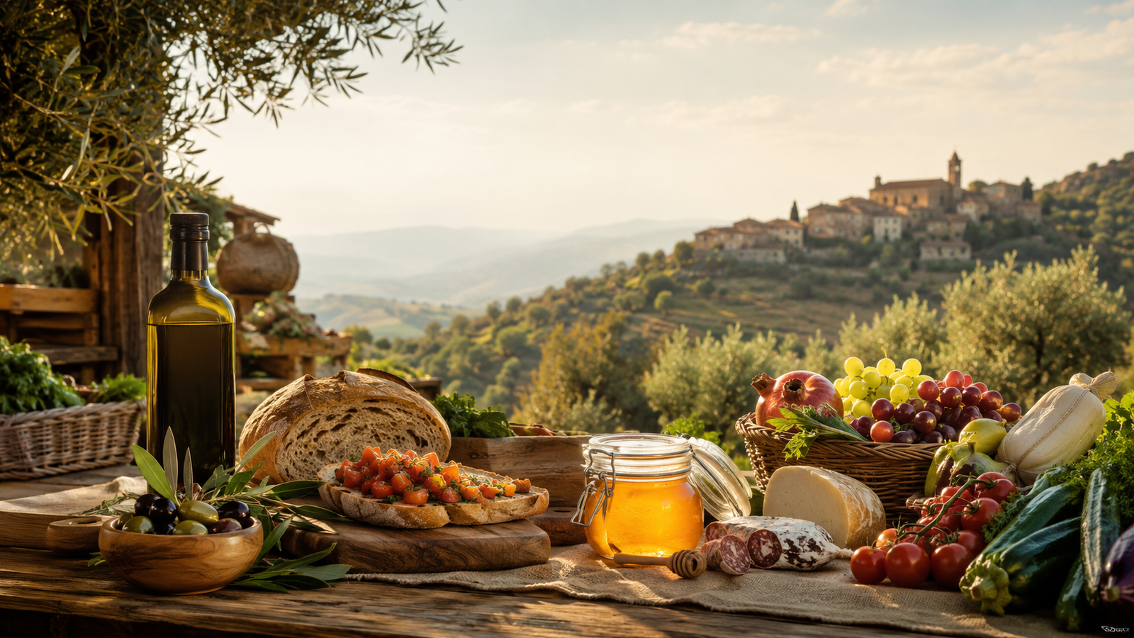 Prodotti locali della Sabina con olio, pane, miele, frutta e verdure