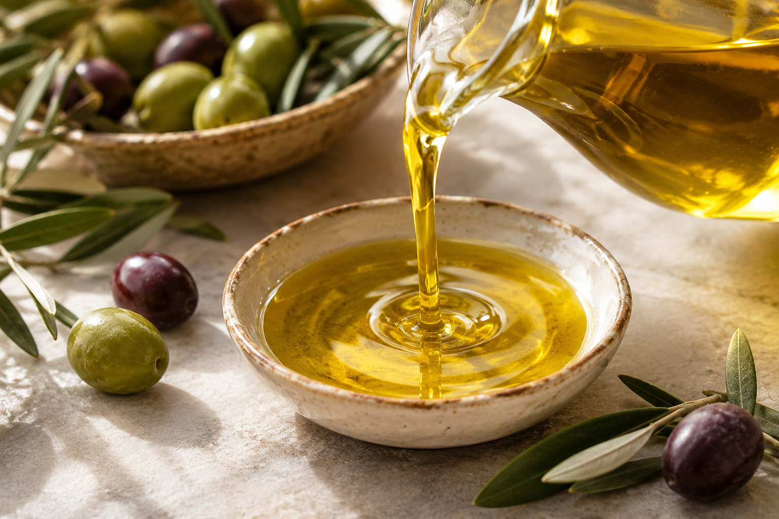 Olio extravergine di oliva versato in una ciotola