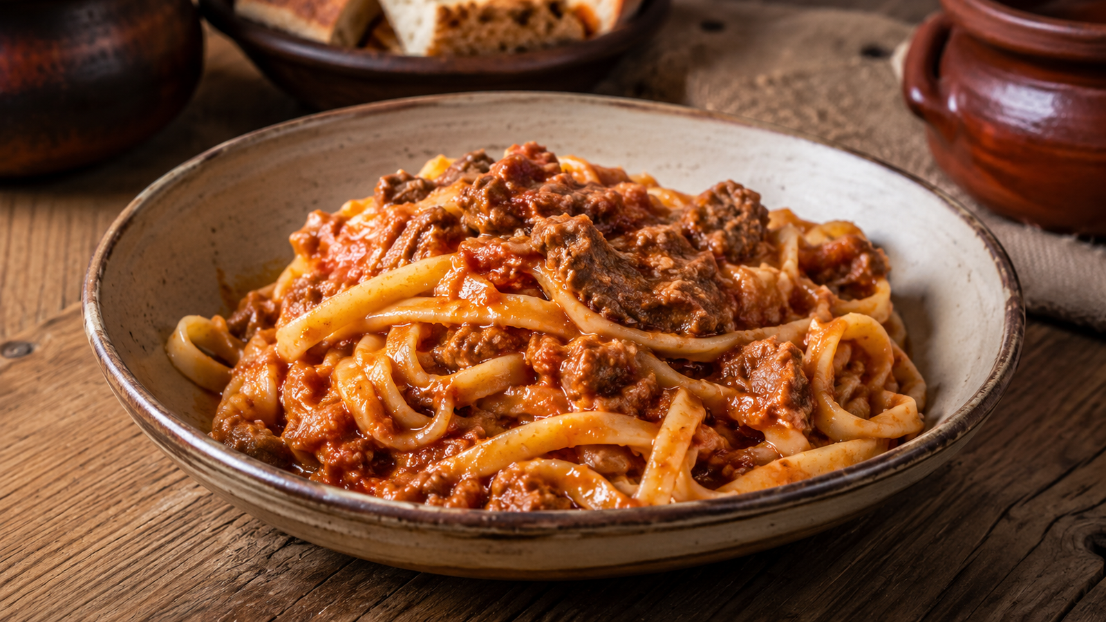 Pasta con sugo di carni ovine, piatto rustico di festa a Longone Sabino