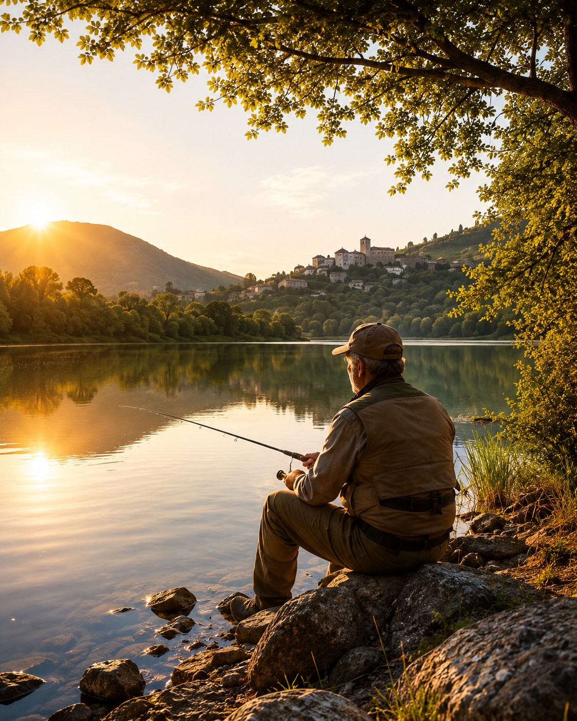 Pescatore sul lago al tramonto in Sabina