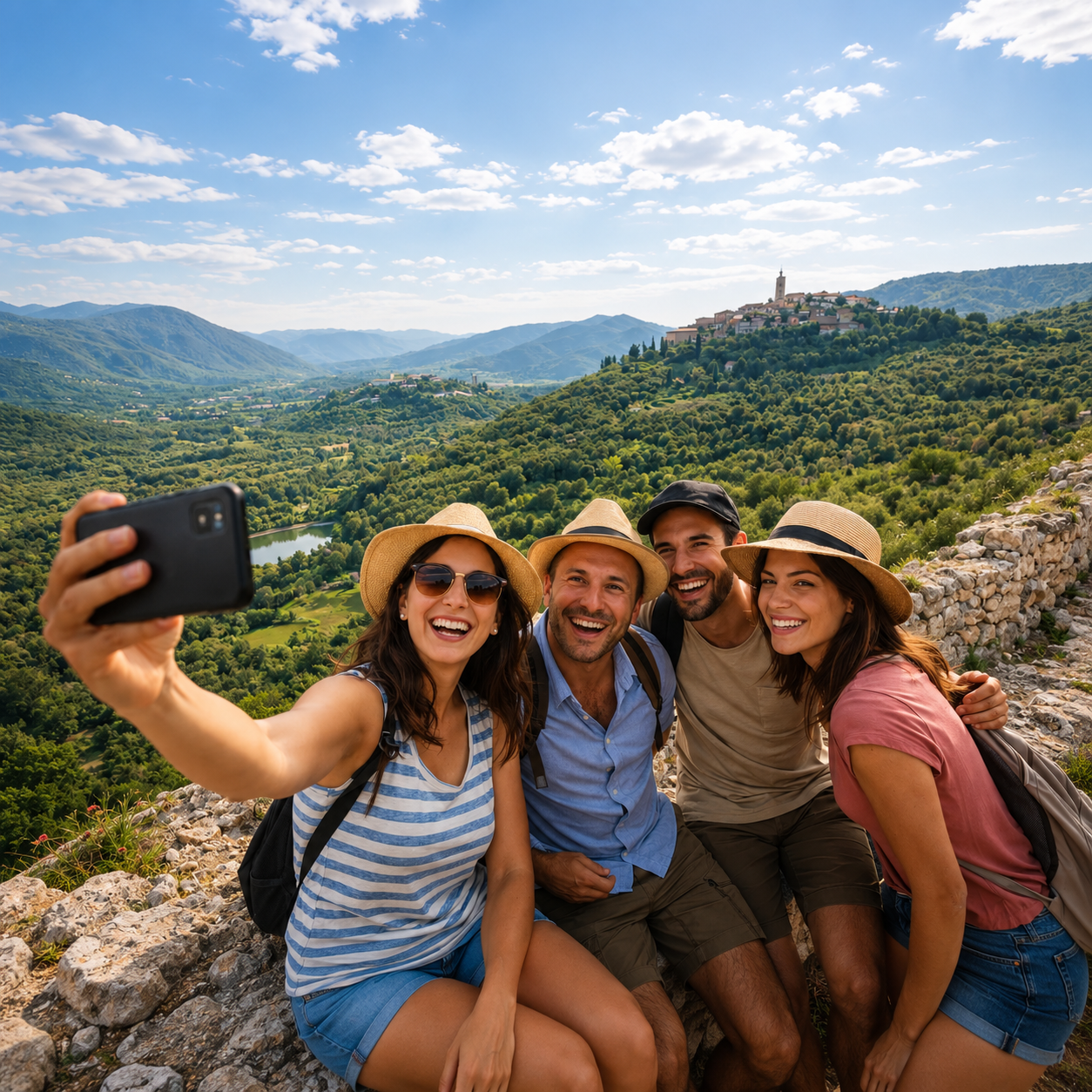Sorrisi in Sabina, persone in viaggio davanti al paesaggio sabino