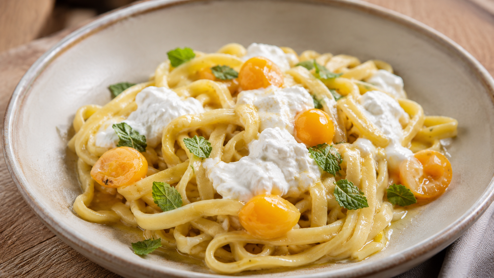 Picchiarelli stimiglianesi con pomodorini gialli, mentuccia e stracciatella di burrata