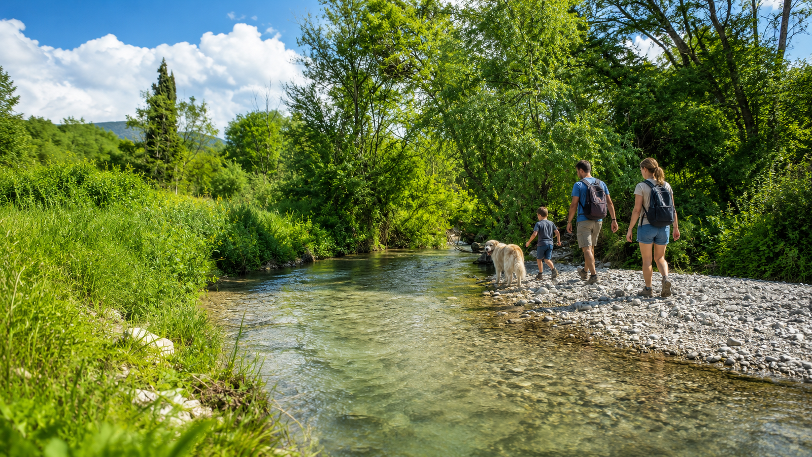 Famiglia con cane lungo un corso d’acqua nella Valle del Farfa