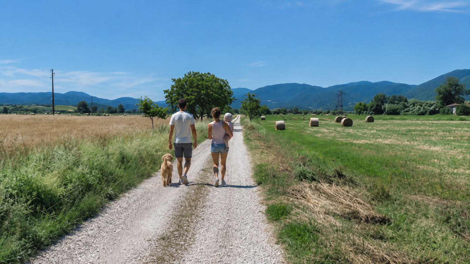 Famiglia con cane lungo una strada rurale della Conca Reatina