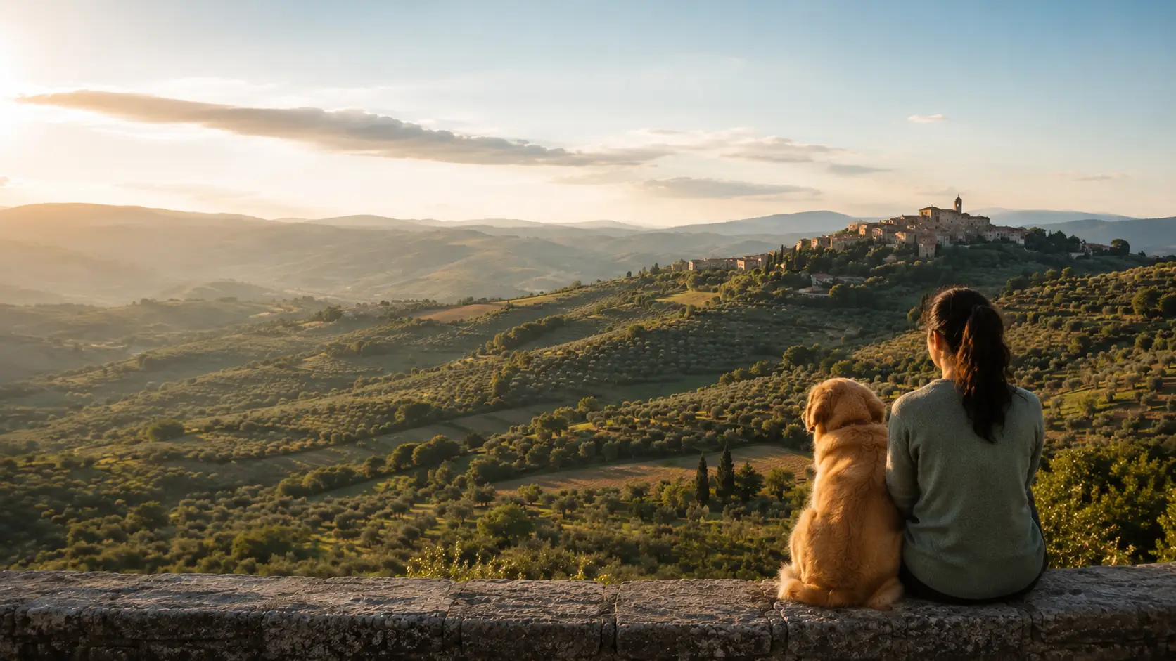 Donna con il proprio cane davanti al paesaggio della Sabina